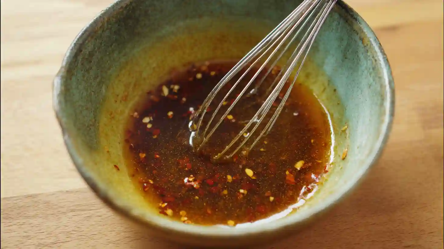 step2-whisk-sauce-spicy-honey-ginger-bowls Step 2 Spicy Honey-Ginger Chicken Bowls – whisking tamari, honey, chili paste, garlic, and ginger for homemade Japanese yum yum sauce flavor.