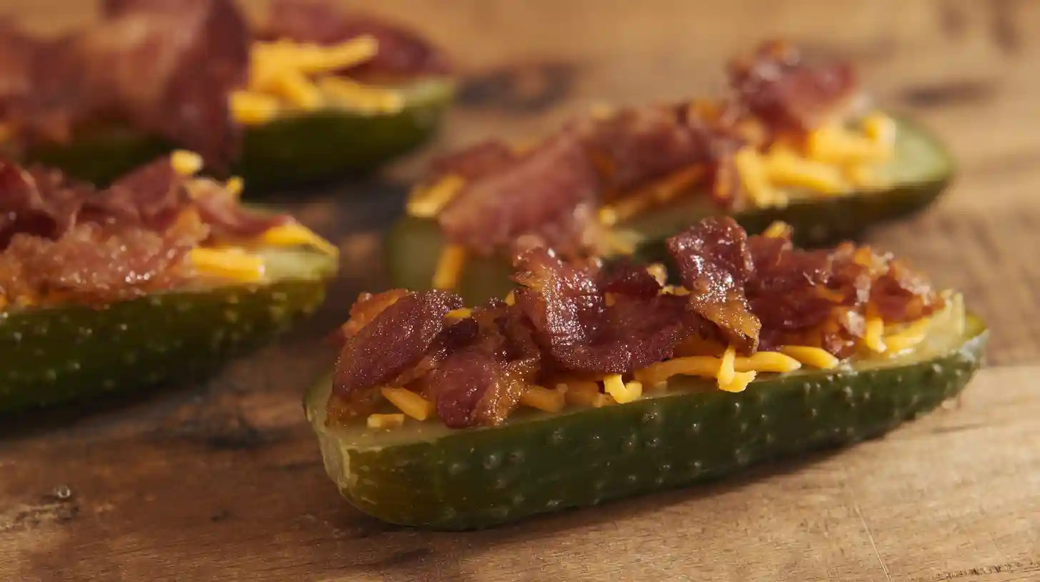step2-wrap-bacon-cheese-easy-cheesy-bacon-fried-pickles Easy Cheesy Bacon Fried Pickles step wrapping pickles with bacon and cheddar for quick bacon appetizers