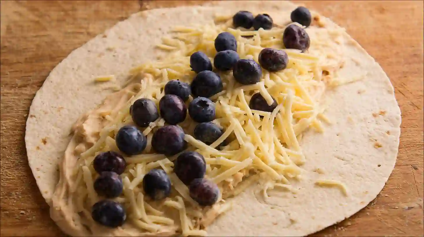 step3-add-cheese-blueberries-quesadilla Adding shredded cheese and blueberries to tortilla for blueberry breakfast quesadilla, quick and cheap breakfast meals and healthy blueberry dessert ideas