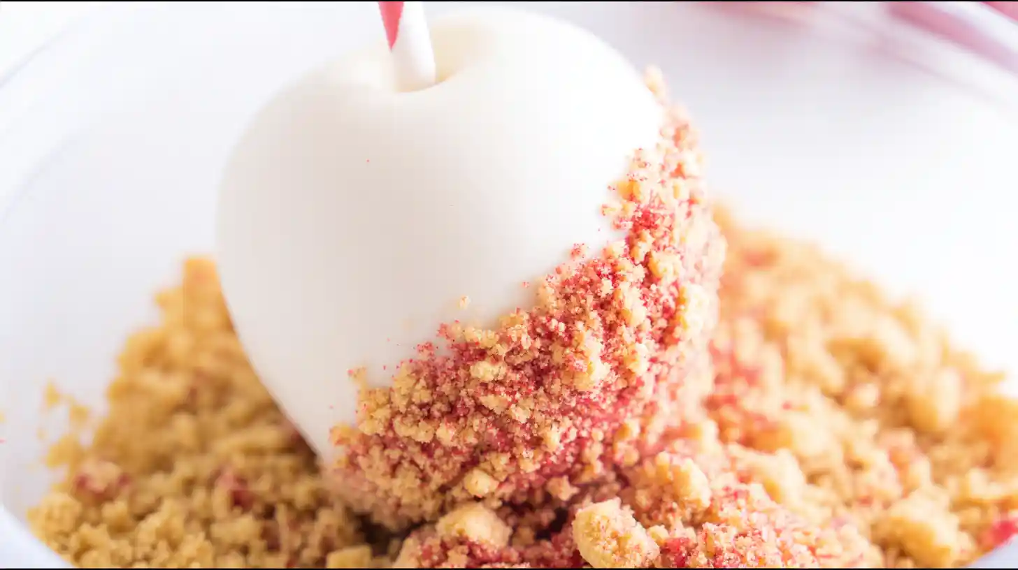 Strawberry shortcake caramel apple recipe – apple coated in Oreo cookie crumbs and freeze-dried strawberries for homemade gourmet apples and seasonal fruit dessert recipes.