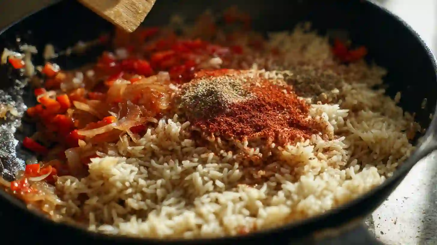 step3-add-rice-seasoning-bbq-sausage-rice Adding rice and spices in skillet – smoked sausage rice casserole and one pan comfort food recipes for weeknight sausage rice dish.