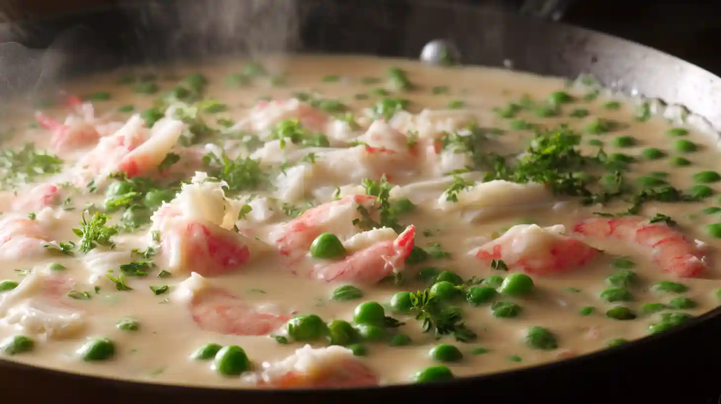 step3-add-seafood-cheddar-bay-biscuit-seafood-pot-pie Shrimp, crab, peas, and parsley stirred into creamy filling for Cheddar Bay Biscuit Seafood Pot Pie, high-protein seafood meals and quick family dinner ideas