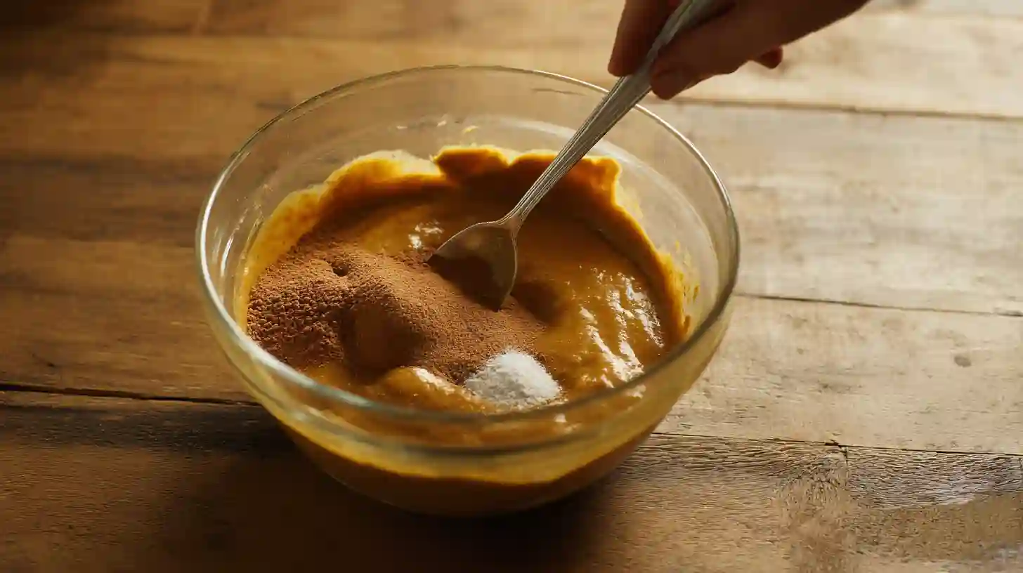 step3-add-spices-flourless-maple-pecan-pumpkin-yogurt-cake Adding cinnamon, nutmeg, ginger, baking soda, baking powder, and salt to pumpkin yogurt batter for Flourless Maple Pecan Pumpkin Yogurt Cake, healthy pumpkin dessert recipes and easy flourless cake recipe