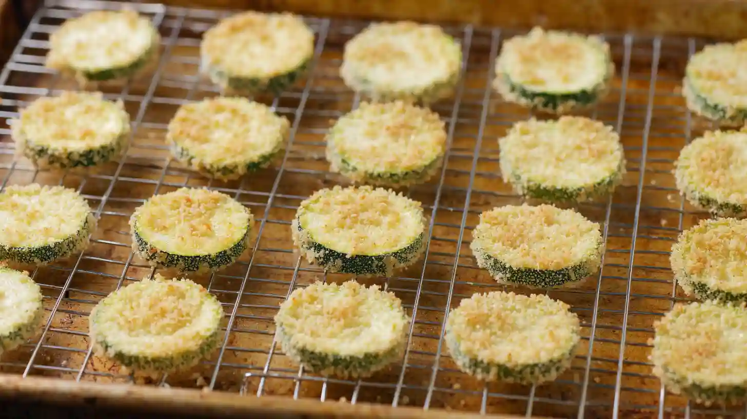 step3-baking-zucchini-chips Baking zucchini chips on a rack for crispy texture, baked zucchini chips recipe and healthy party snacks ideas