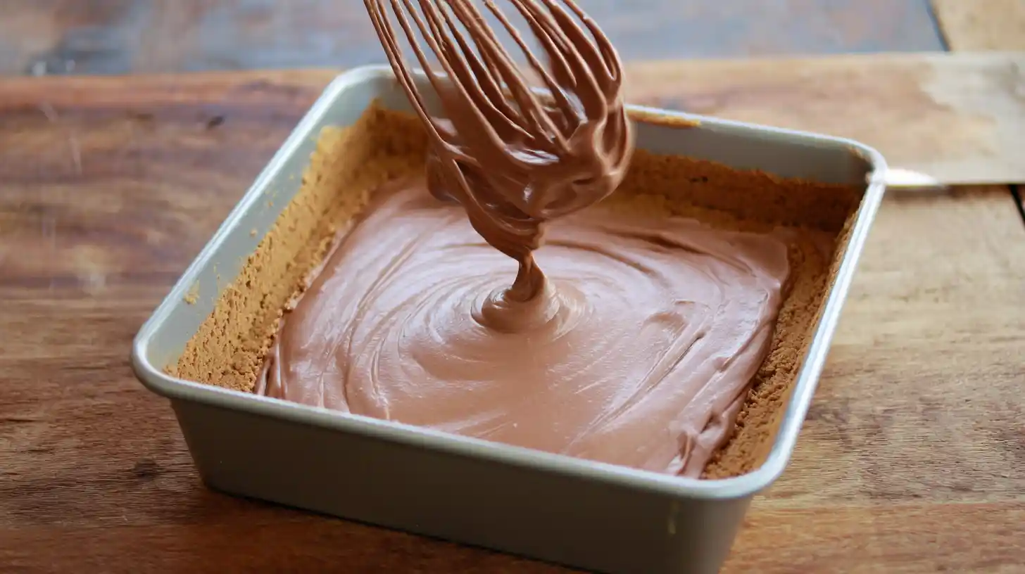 step3-biscoff-nutella-dream-bars-nutella-layer Step 3 No-Bake Biscoff and Nutella Dream Bars Nutella cheesecake layer spread over cookie base – decadent chocolate dessert bars