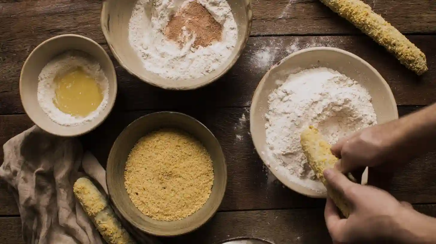 step3-breading-easy-cheesy-bacon-fried-pickles Easy Cheesy Bacon Fried Pickles breading station crispy fried pickles recipe with flour egg and breadcrumbs