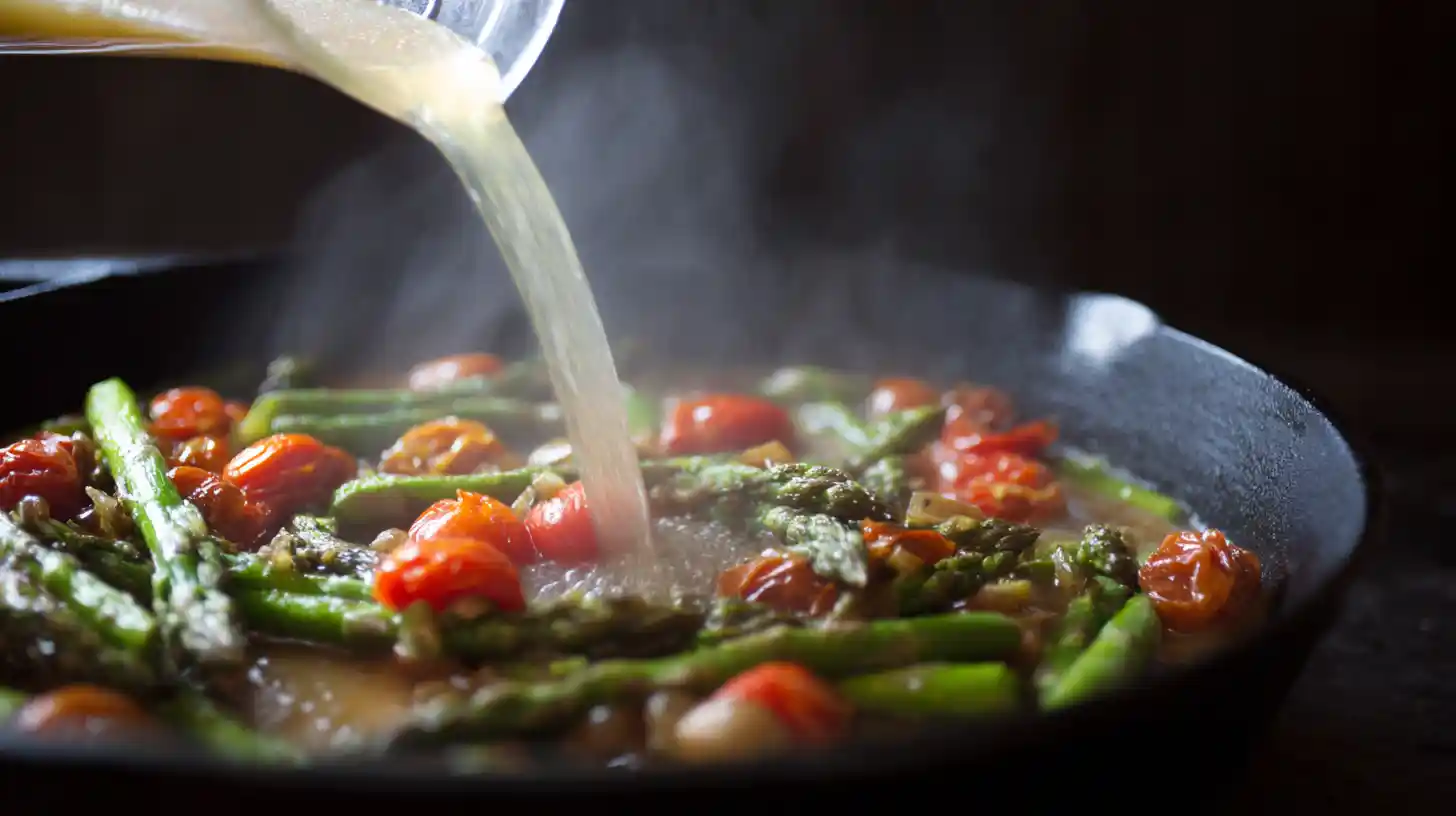 step3-build-sauce-ravioli-tomatoes-asparagus-garlic Building sauce with broth and lemon juice for ravioli with tomatoes, asparagus, garlic, and herbs – quick ravioli recipes for families and easy Italian dinner recipes