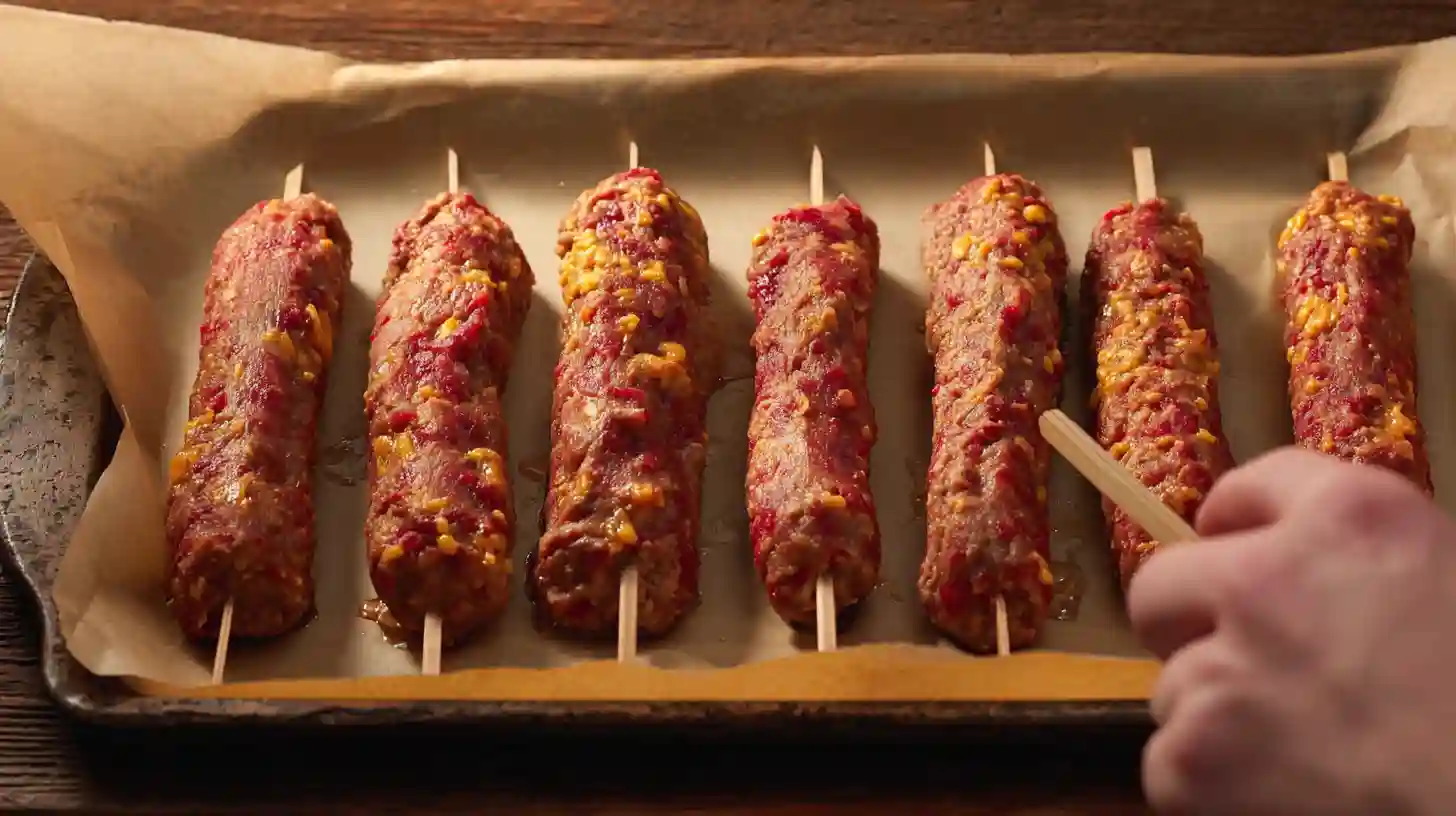 step3-chill-logs-deep-fried-turkey-bacon-cheeseburger-corn-dogs Step 3 – Insert skewers and freeze logs for Deep-Fried Turkey Bacon Cheeseburger Corn Dogs, a high-protein fried meal and easy freezer-friendly comfort food.