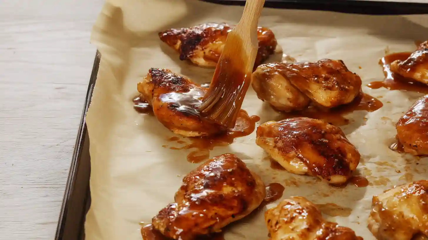step3-coat-finish-chicken-spicy-honey-ginger-bowls Step 3 Spicy Honey-Ginger Chicken Bowls – chicken coated in honey-ginger sauce and broiled for crispy edges, perfect for quick chicken dinner recipes.