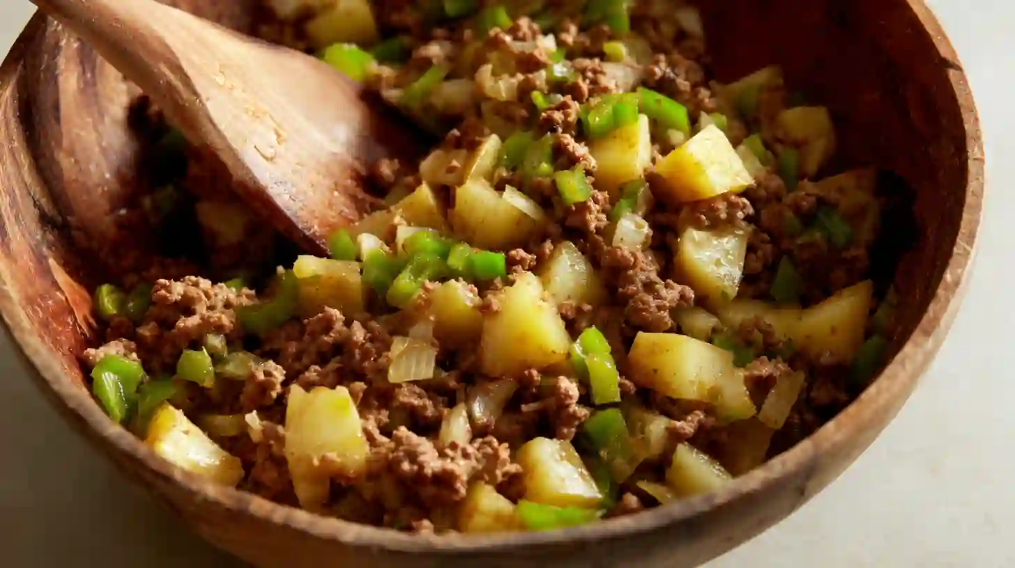 step3-combine-ingredients-cheesesteak-casserole Step 3 mixing beef, potatoes, broth, and spices for Perfect Crockpot Cheesesteak Potato Casserole, easy casserole recipes for families and quick prep slow cooker recipes