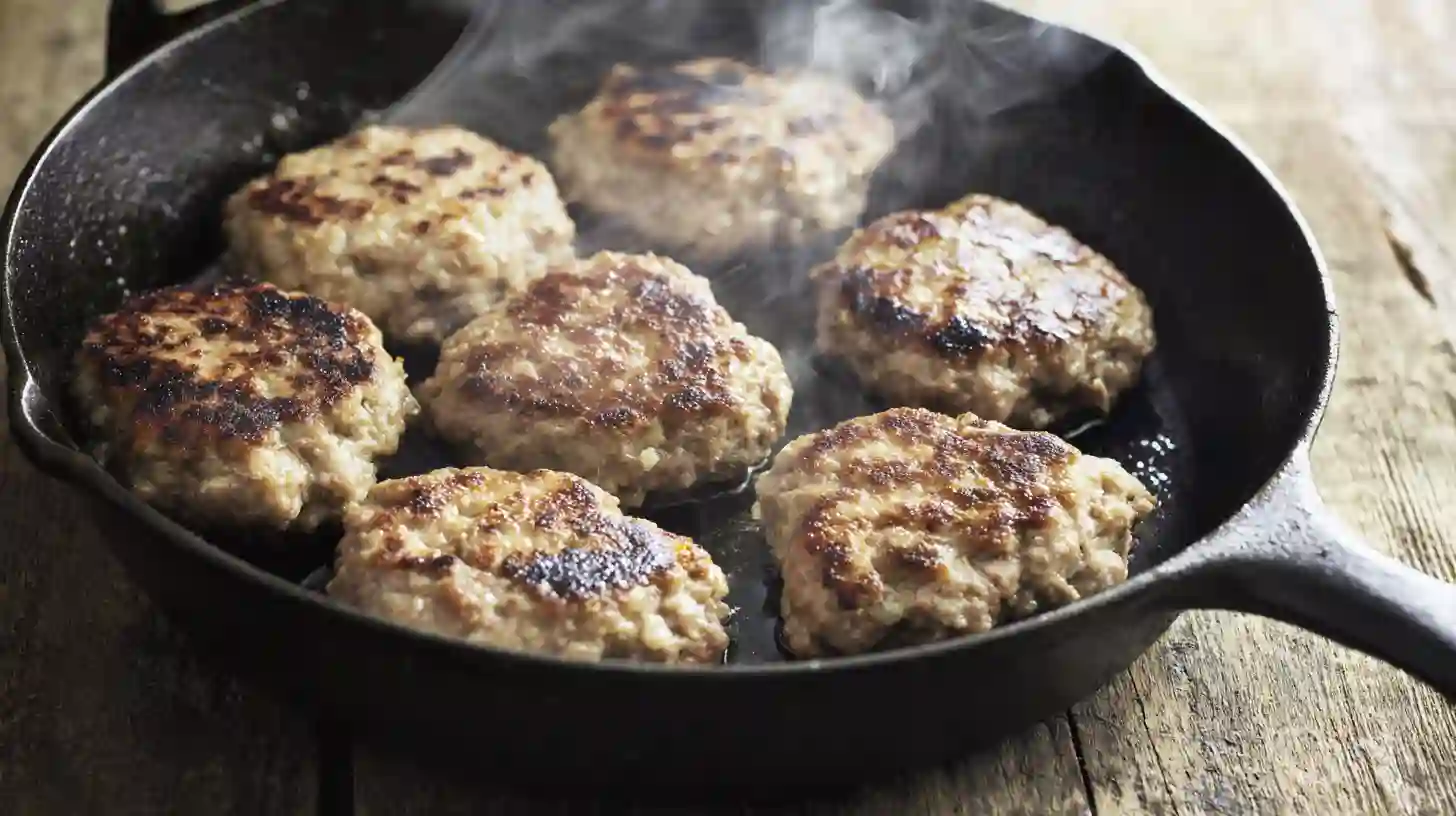 step3-cook-apple-cider-pork-sliders-skillet Cooking apple cider pork slider patties on skillet until golden – juicy high-protein pork meals for busy families and gourmet pork burger recipes.