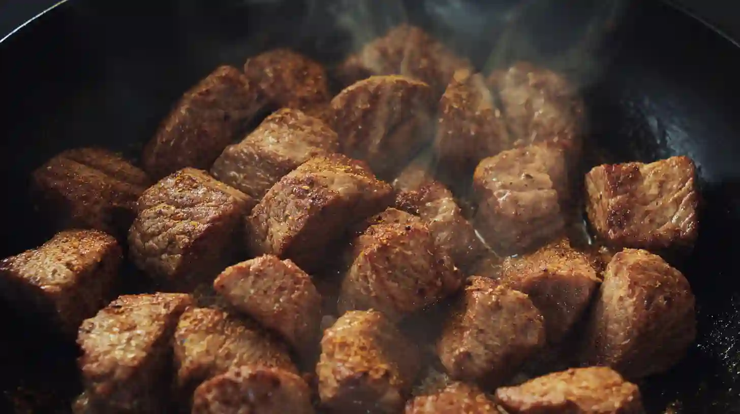 step3-cook-steak-honey-garlic-shrimp-rice Searing steak cubes with paprika, salt, and pepper – best steak cuts for meal prep, quick steak and shrimp skillet recipes