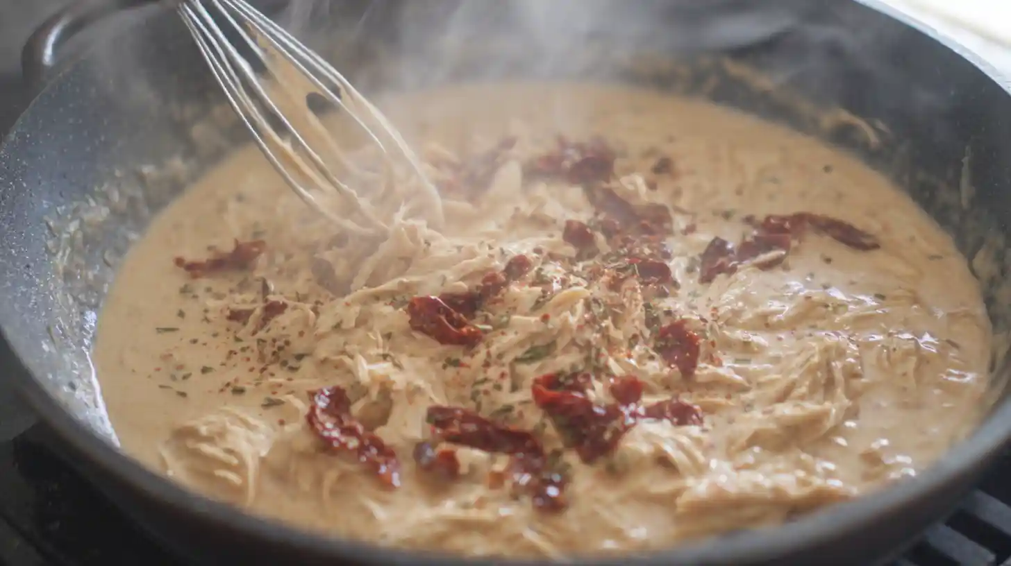step3-creamy-sauce-marry-me-chicken Creamy sauce with chicken and sun-dried tomatoes for Marry Me Chicken Pasta, easy dinner recipes for families and quick chicken dinner recipes