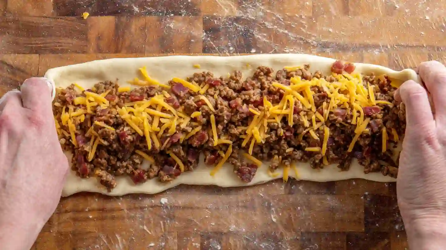 step3-fill-roll-cheeseburger-rollups Filling pizza dough with beef, bacon, and cheddar for Perfect Garlic Butter Cheeseburger Rollups, cheesy ground beef rollups and budget-friendly ground beef meals
