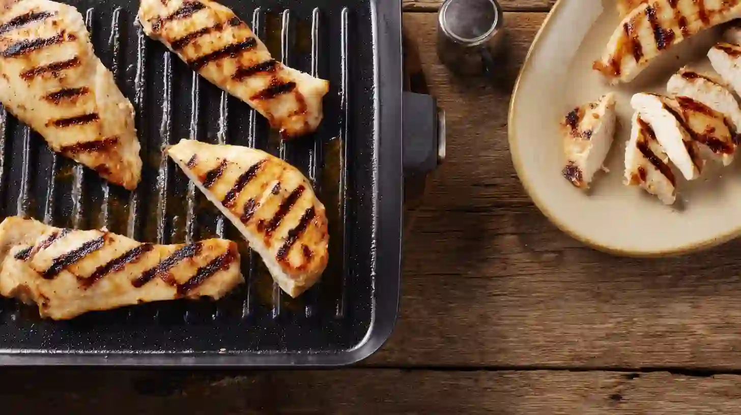 step3-grill-chicken-teriyaki-tacos Grilling teriyaki-marinated chicken strips for tacos – high-protein chicken meals and quick chicken dinner recipes.