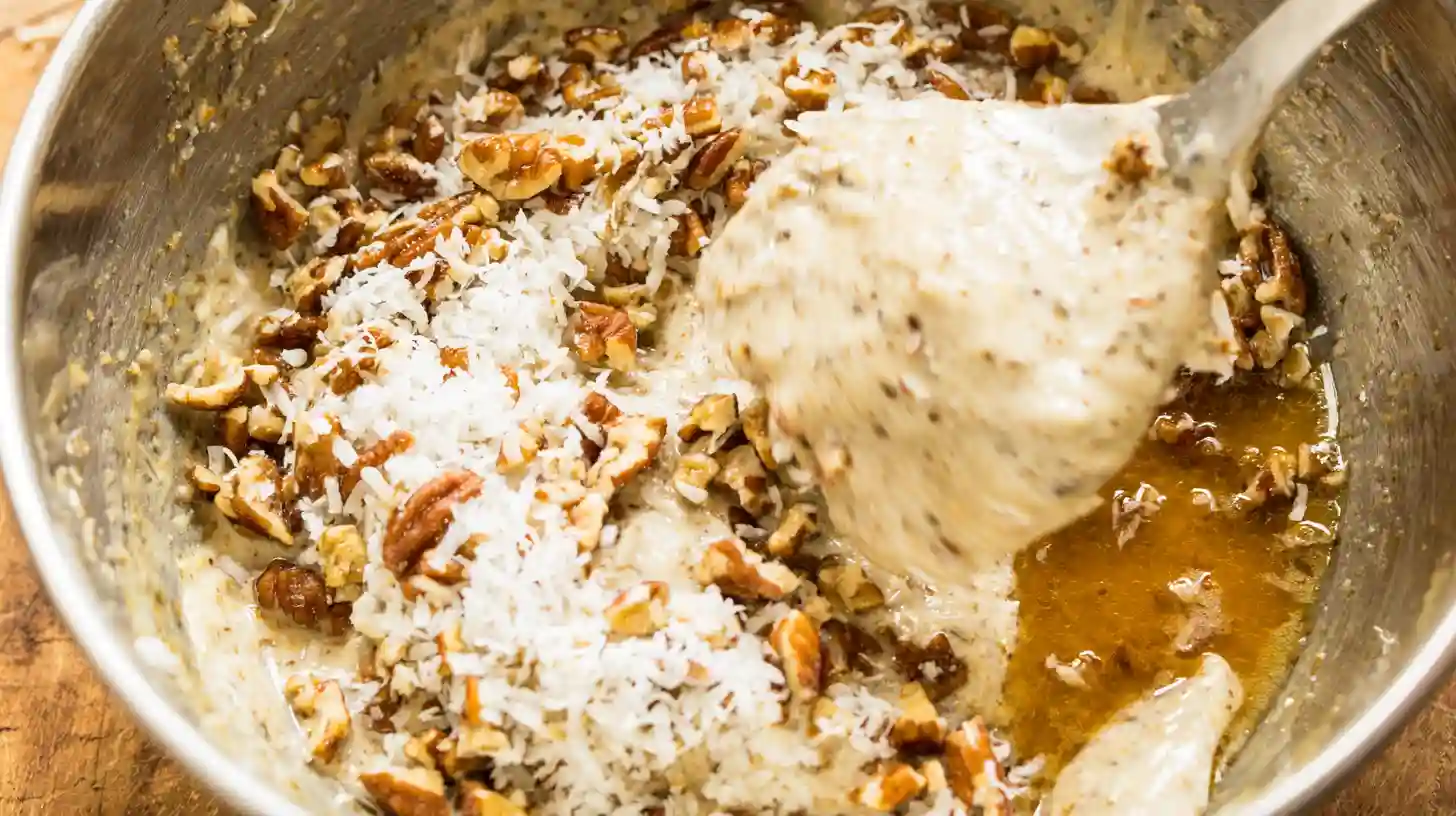 step3-make-coconut-pecan-topping-no-bake-german-chocolate-pie Making coconut pecan topping for no-bake German chocolate pie perfect dessert, coconut pecan dessert ideas and simple no bake recipes with chocolate