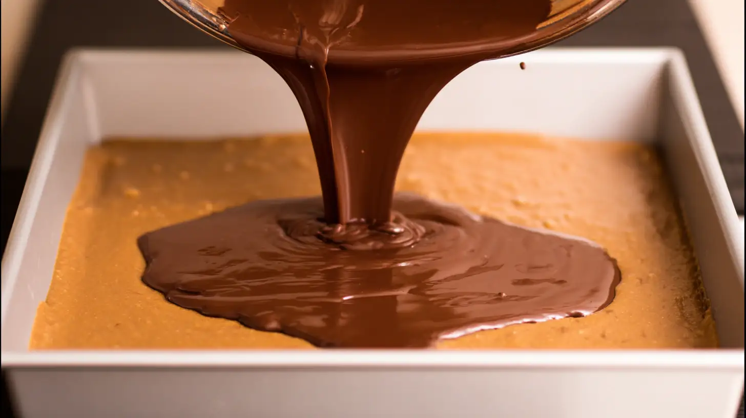 step3-melt-chocolate-no-bake-twix-slice Pouring melted chocolate over caramel for No Bake Twix Slice perfect dessert, quick no bake chocolate slice and homemade Twix slice recipe easy
