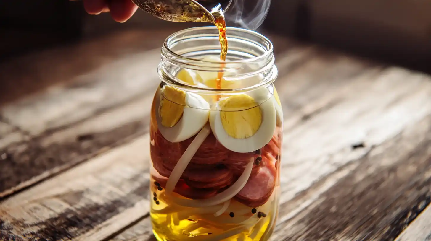 step3-quick-pickled-eggs-sausage-onions-pour-brine Step 3 Quick Pickled Eggs Sausage and Onions – pouring hot vinegar brine over eggs, sausage, and onions for high protein snack ideas.