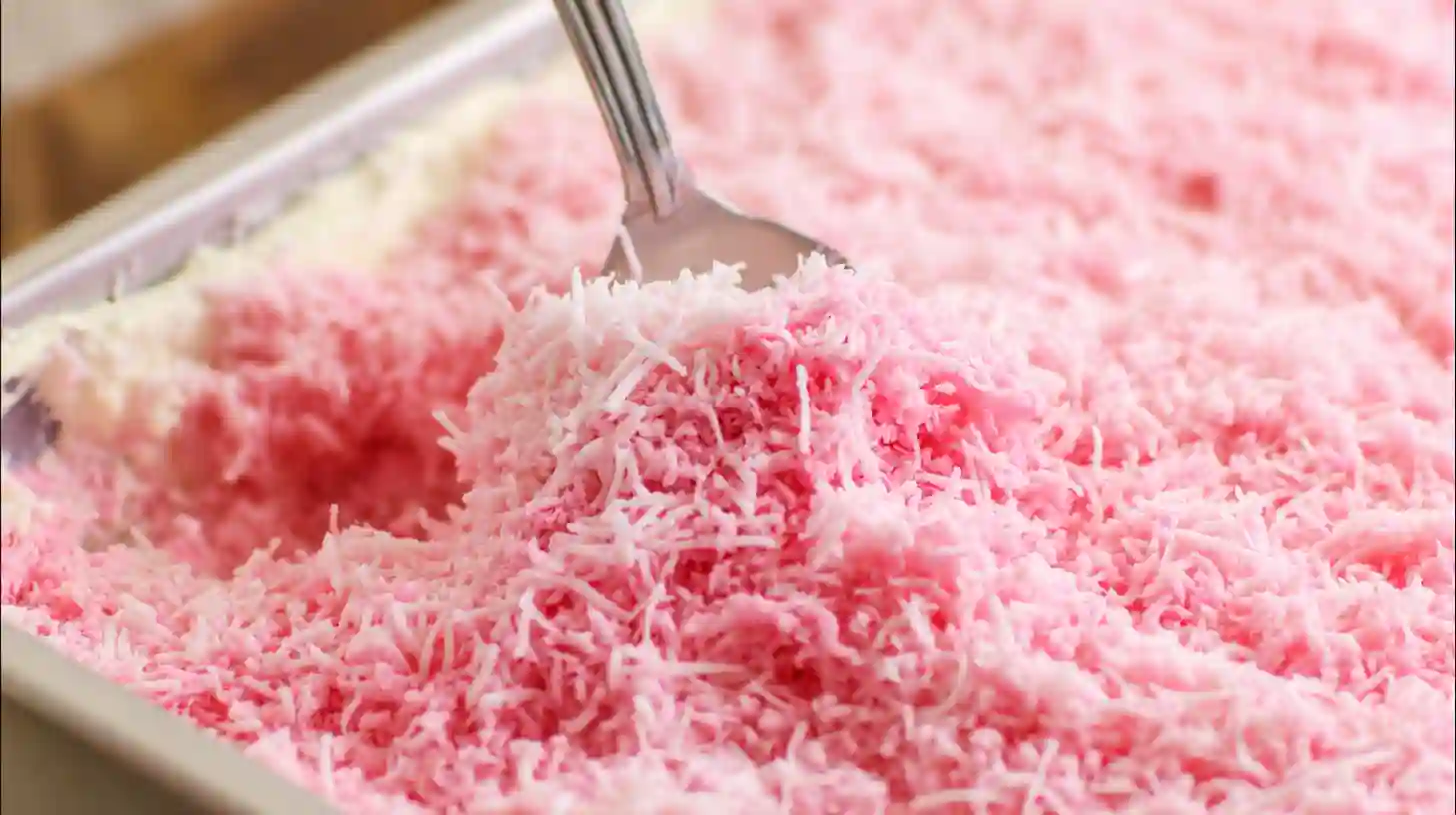 step3-tint-coconut-easy-pink-coconut-snowball-cake-bars Tinting and sprinkling pink coconut topping for Easy Pink Coconut Snowball Cake Bars, quick family dessert ideas and no-bake holiday treats