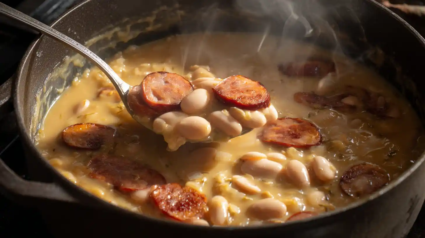 Step 4 adding kielbasa and beans to creamy soup | creamy bean soup with kielbasa for busy moms | hearty bean and sausage stew