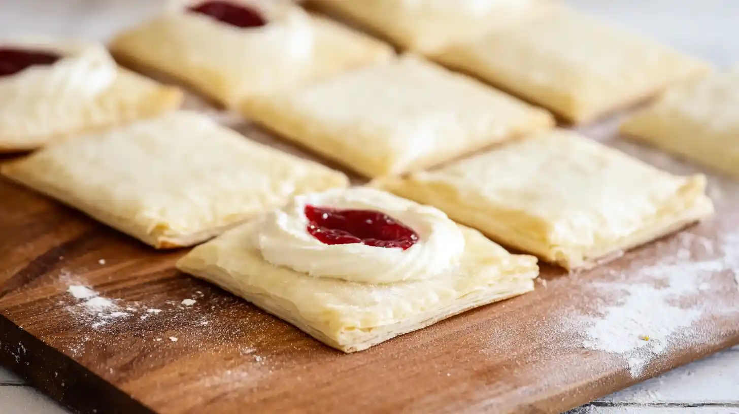 Step 4 assemble puff pastry squares with cream cheese filling and cranberry sauce – best cranberry recipes for Thanksgiving and easy puff pastry desserts