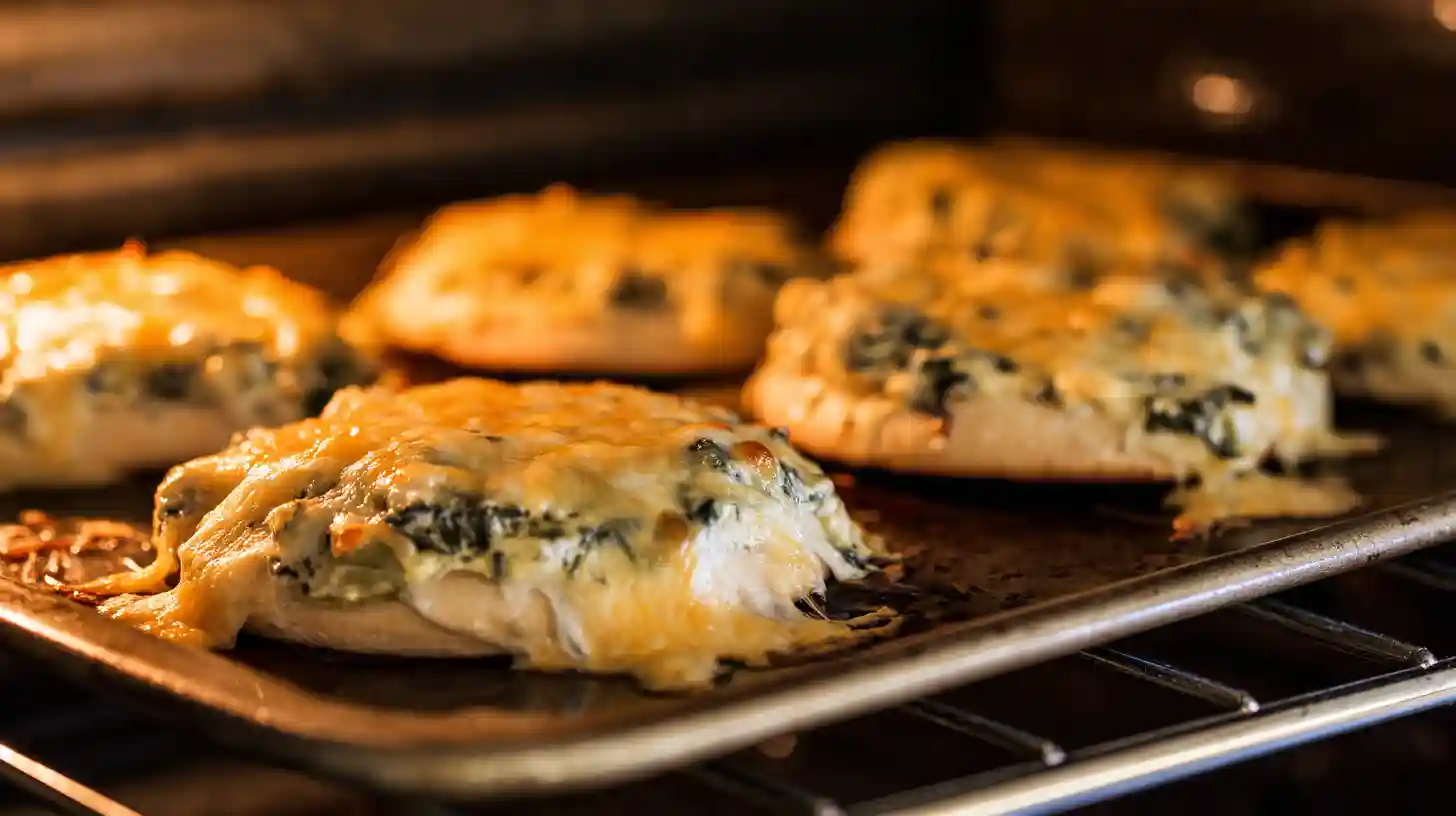 step4-bake-cheesy-spinach-artichoke-bagels Cheesy Spinach-Artichoke Bagels baking in the oven with golden melted cheese, oven-baked bagel recipe with cheese and healthy snack ideas for families