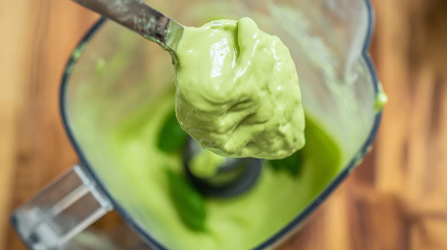 step4-basil-mayo-zucchini-chips Blending basil and mayo into creamy dip for zucchini chips, best dip for zucchini fries and healthy snacks for kids lunchbox