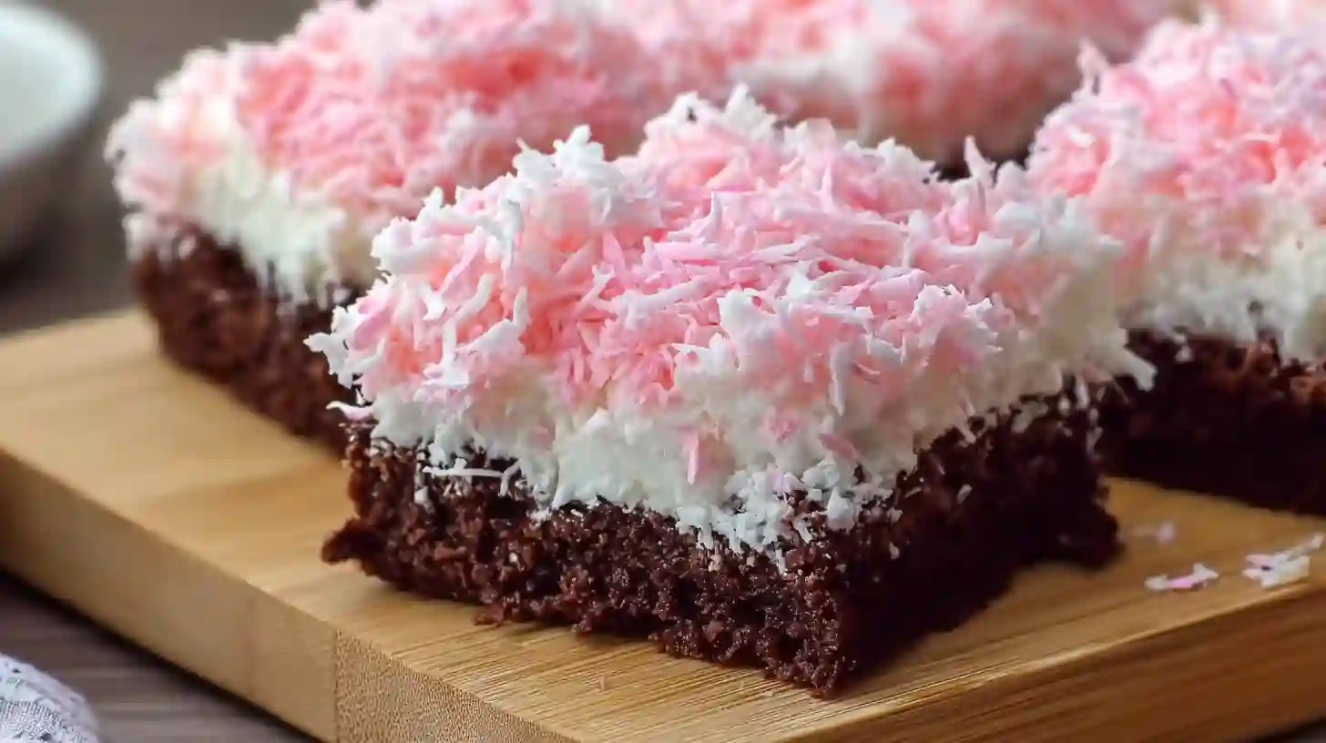 step4-chill-slice-easy-pink-coconut-snowball-cake-bars Chilled and sliced Easy Pink Coconut Snowball Cake Bars with pink coconut topping, easy chocolate coconut bar recipe and best coconut desserts for holidays