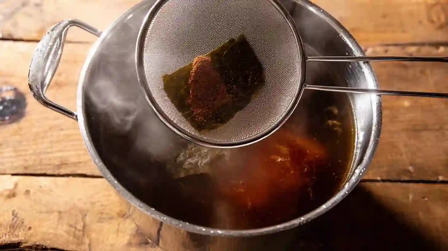 step4-combine-broth-base-oxtail-ramen Adding kombu and miso mix into simmering Oxtail Ramen broth, slow-cooked oxtail ramen and restaurant-style ramen at home