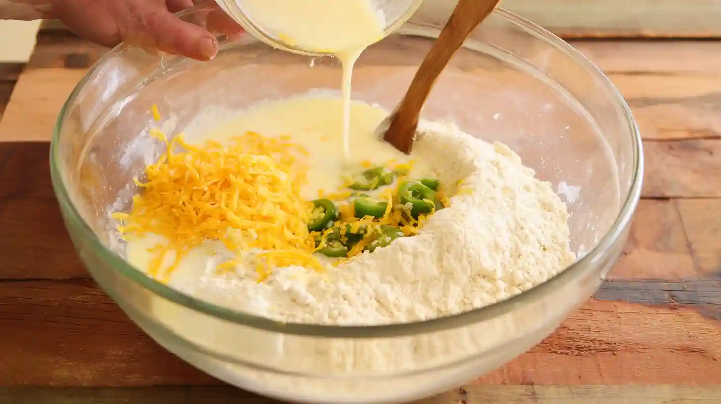 step4-combine-wet-dry-jalapeno-cornbread Combining wet and dry ingredients for Spicy-Sweet Jalapeño Cornbread with jalapeños and cheese, easy savory baking recipes and healthy cornbread recipe with buttermilk