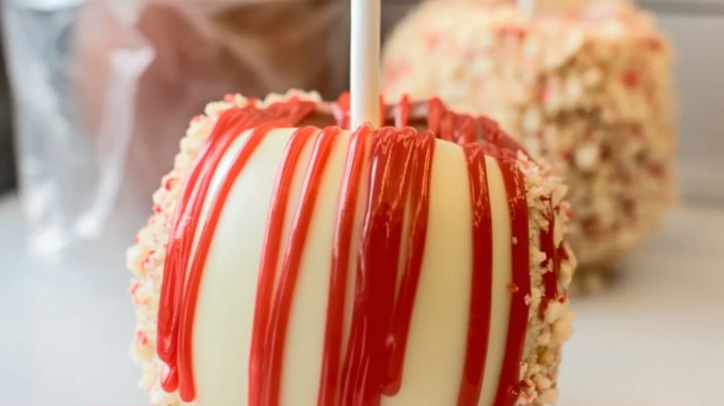 Strawberry shortcake caramel apple recipe – apple coated with Oreo crumbs and drizzled with strawberry candy melts for gourmet holiday desserts and Valentine’s Day dessert recipes.