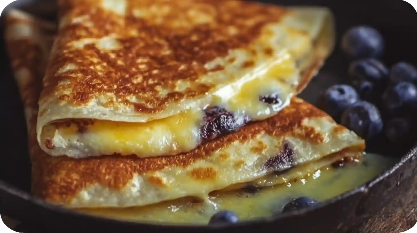step4-fold-cook-blueberry-quesadilla Cooking folded blueberry breakfast quesadilla in skillet with butter, quick and cheap breakfast meals and easy dessert recipes for kids