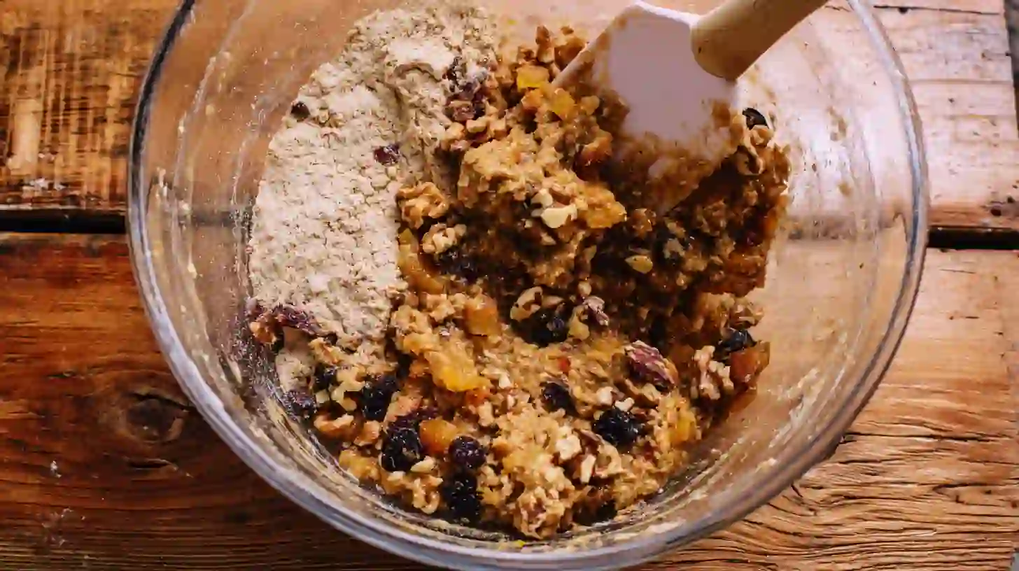 Folding fruit mixture, eggs, and walnuts for heavenly moist fruit cake perfect dessert, easy fruitcake recipe, luxury dessert recipes
