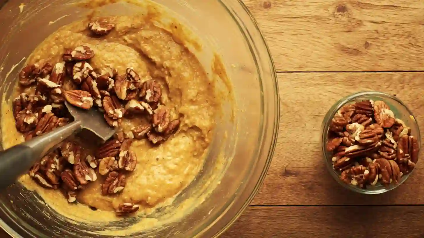 step4-fold-pecans-flourless-maple-pecan-pumpkin-yogurt-cake Folding chopped pecans into pumpkin batter for Flourless Maple Pecan Pumpkin Yogurt Cake, healthy pumpkin dessert recipes and high-protein dessert recipes