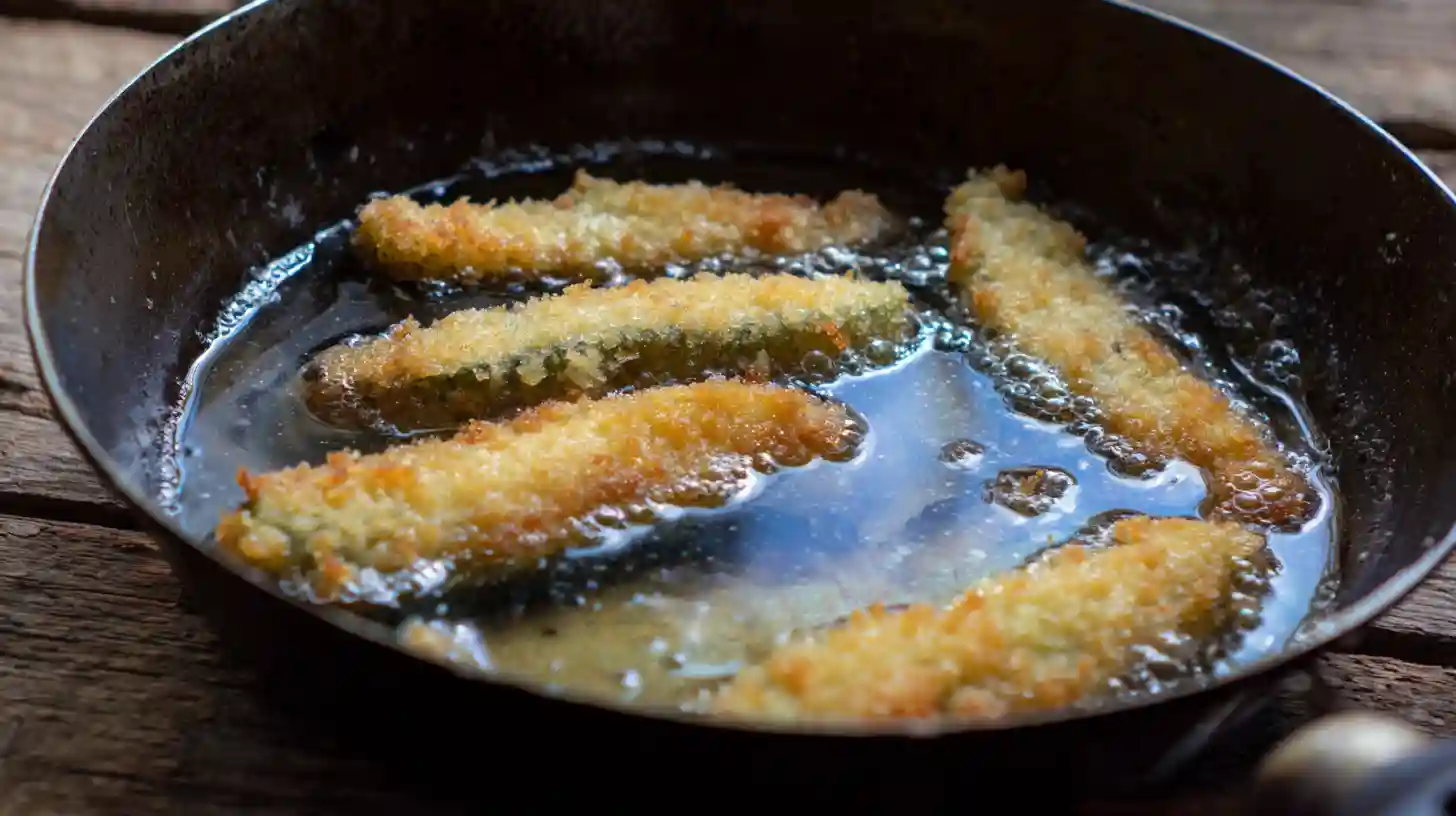 step4-frying-easy-cheesy-bacon-fried-pickles Easy Cheesy Bacon Fried Pickles frying in oil crispy fried pickles recipe best fried foods for parties