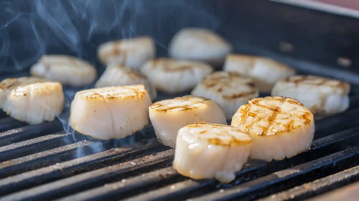 step4-grill-scallops-golden-sear Grilling scallops over direct heat with golden sear marks – quick scallop dinner recipes and fresh scallops cooking tips