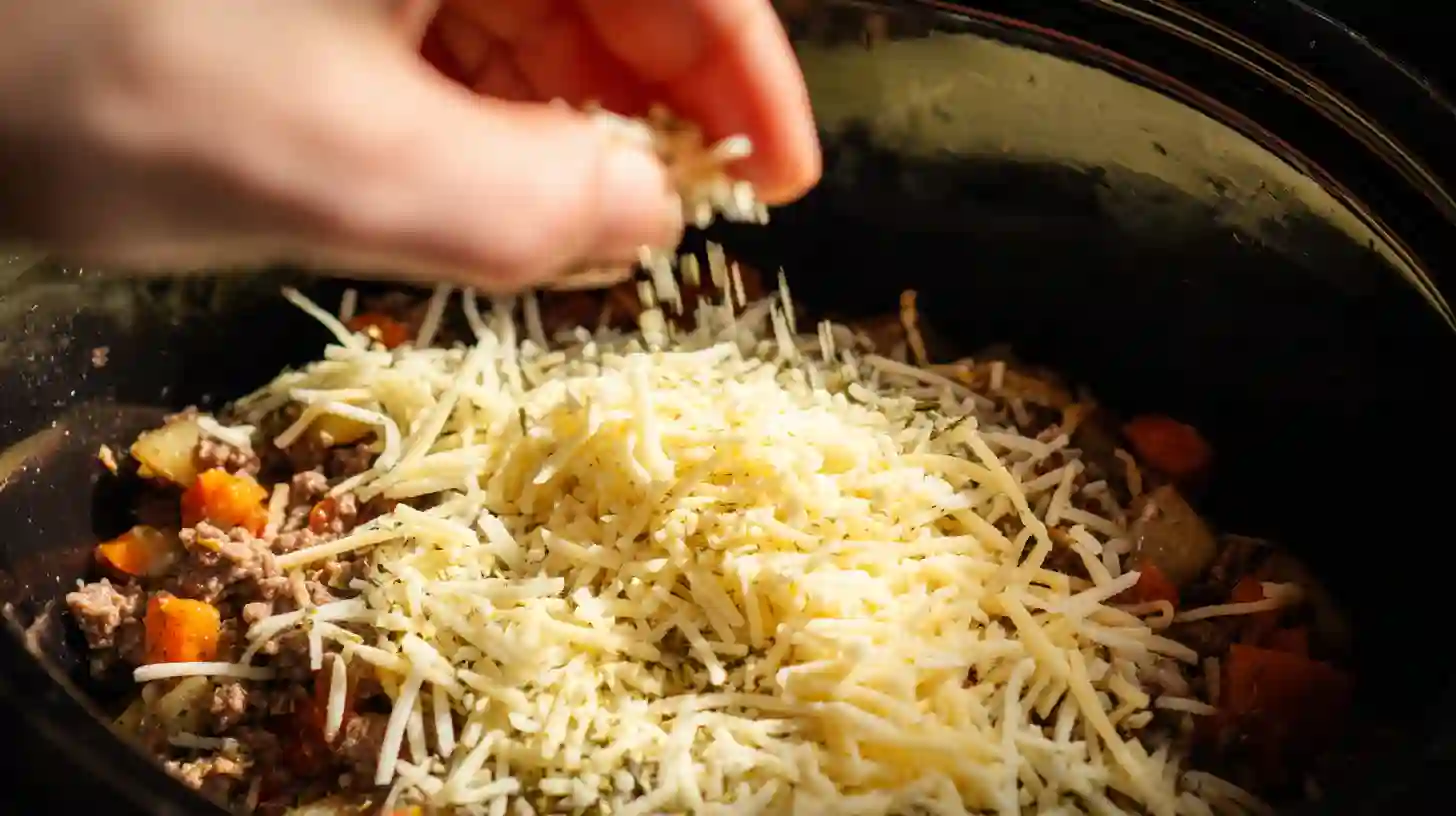 step4-layer-cheese-crockpot-cheesesteak-casserole Step 4 layering beef, potatoes, and cheese in crockpot for Perfect Crockpot Cheesesteak Potato Casserole, easy casserole recipes for families and budget-friendly crockpot meals