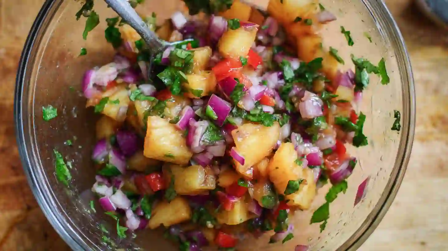 step4-make-salsa-teriyaki-tacos Fresh pineapple pear salsa for Teriyaki Chicken Tacos – quick chicken tacos with fruit salsa and healthy taco recipes with grilled chicken.