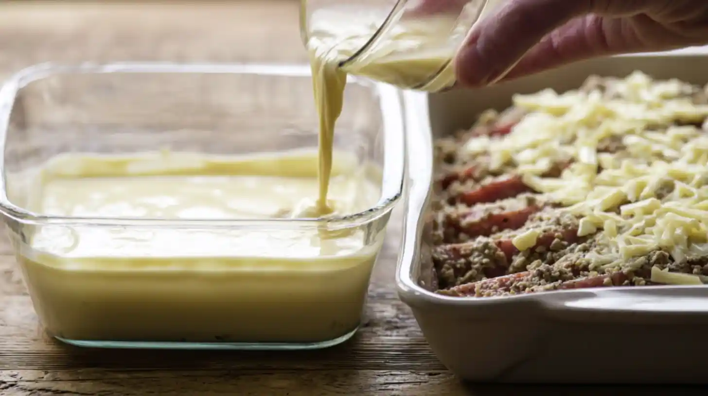 step4-mix-sauce-savory-reuben-bake Whisking milk, eggs, mustard, and dressing for Savory Reuben Bake sauce, simple oven-baked dinner recipes and quick and easy dinner ideas