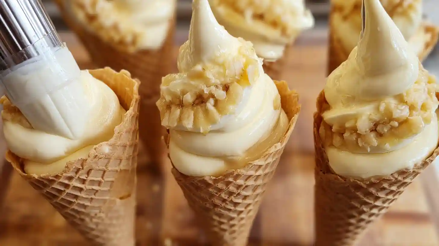 step4-pipe-layers-banana-pudding-cheesecake-cones. Piping creamy banana cheesecake filling and banana pudding into cones for Easy Banana Pudding Cheesecake Cones Recipe, quick cheesecake desserts for parties and easy banana cream cheese dessert