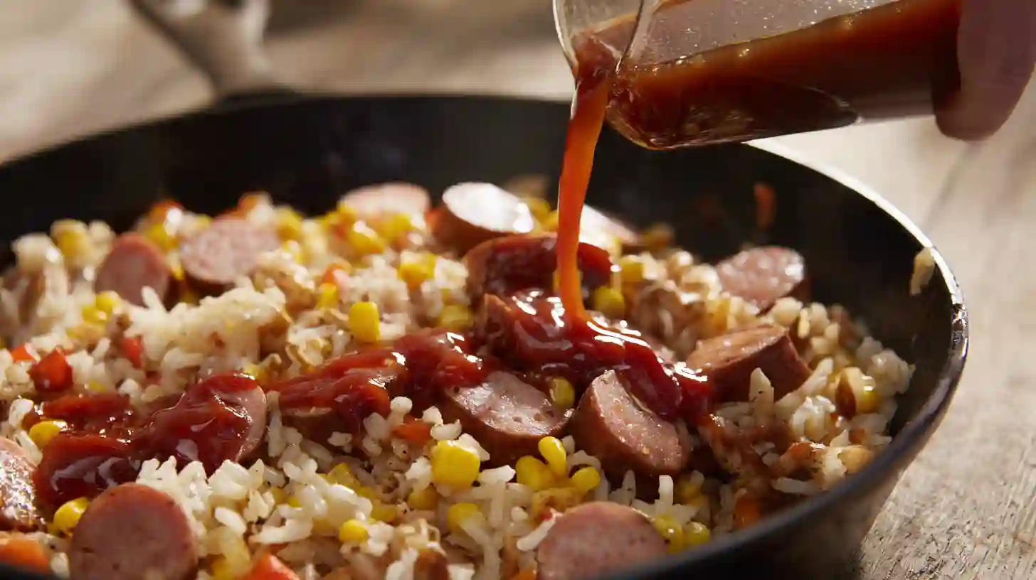 step4-pour-combine-bbq-sausage-rice Pouring BBQ sauce and broth over rice and sausage – quick and easy BBQ dinner recipes, family-friendly rice recipes for one pot sausage and rice.