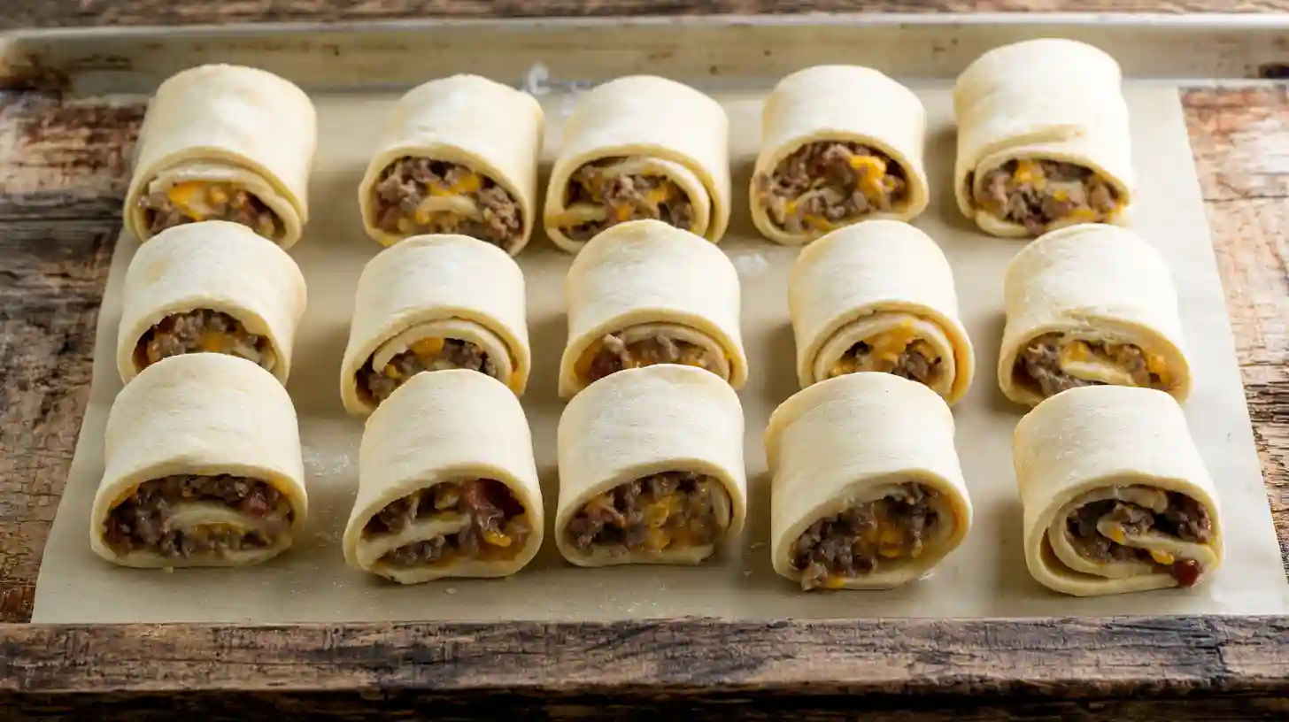 step4-slice-bake-cheeseburger-rollups Cheeseburger rollups sliced and placed on baking sheet for Perfect Garlic Butter Cheeseburger Rollups, crispy cheeseburger bites and simple stuffed rollup dinners
