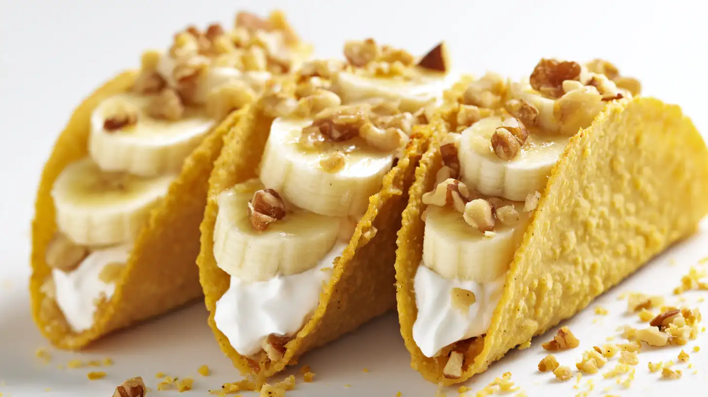 step4-sprinkle-nuts-caramel-banana-nuts-tacos Sprinkling nuts over whipped cream in Caramel Banana Nuts Tacos – caramel walnut pecan recipes, peanut dessert bars and snacks, family-friendly dessert tacos with fruit and nuts