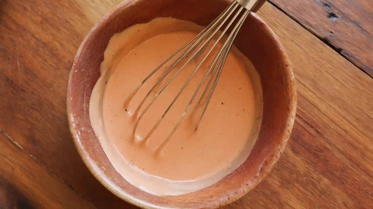 step4-stir-yum-yum-sauce-spicy-honey-ginger-bowls Step 4 Spicy Honey-Ginger Chicken Bowls – homemade Japanese yum yum sauce blended with mayo, ketchup, and cayenne for easy weeknight dinner recipes with chicken.