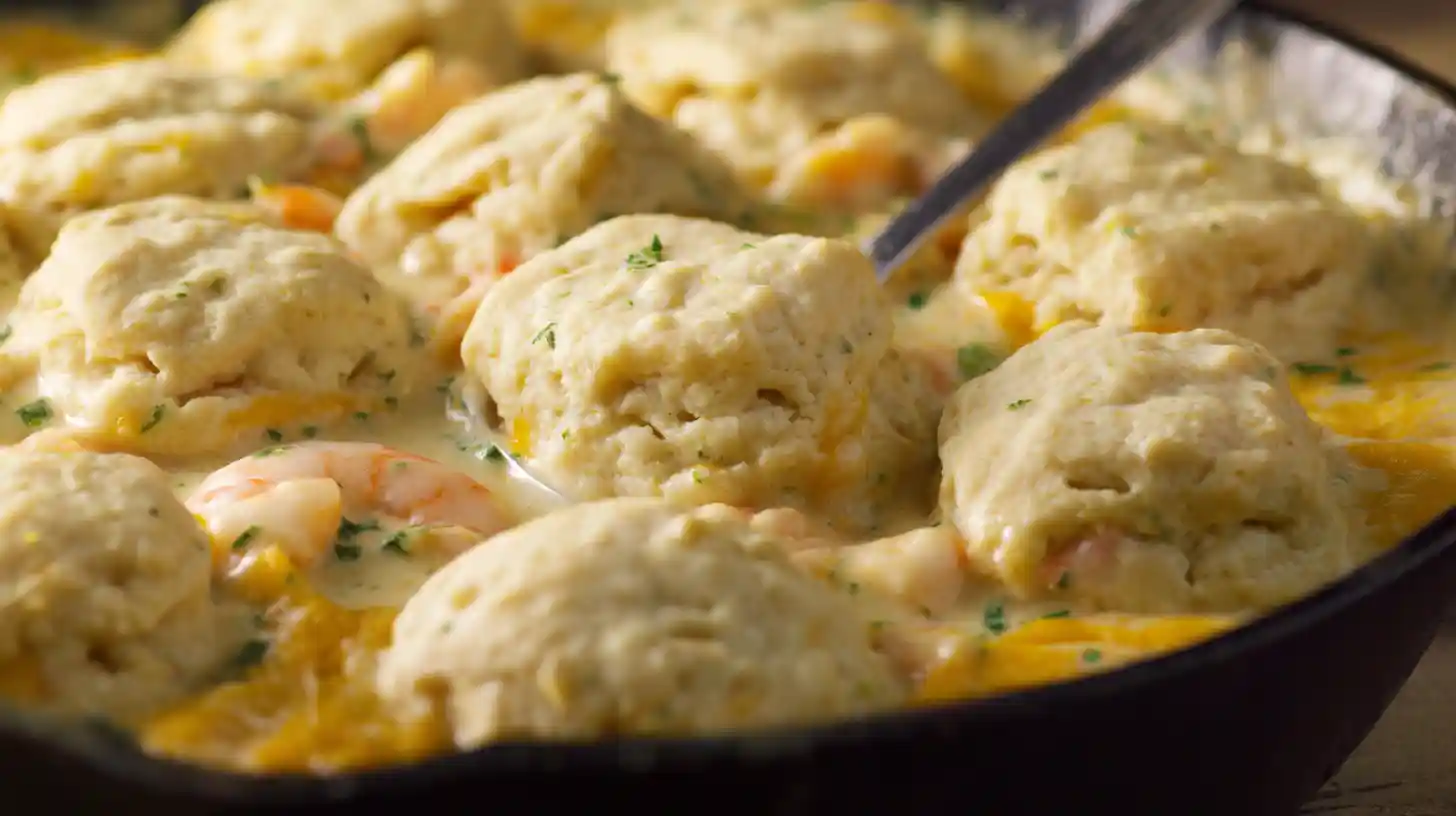 step4-top-biscuit-mix-cheddar-bay-biscuit-seafood-pot-pie Cheddar biscuit dough topping added over creamy seafood filling for Cheddar Bay Biscuit Seafood Pot Pie, easy seafood pot pie recipes and best comfort food recipes