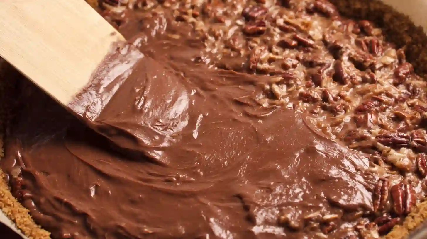 step4-top-the-pie-no-bake-german-chocolate-pie Spreading coconut pecan topping over chocolate filling for no-bake German chocolate pie perfect dessert, quick chocolate pie recipe and coconut pecan dessert ideas