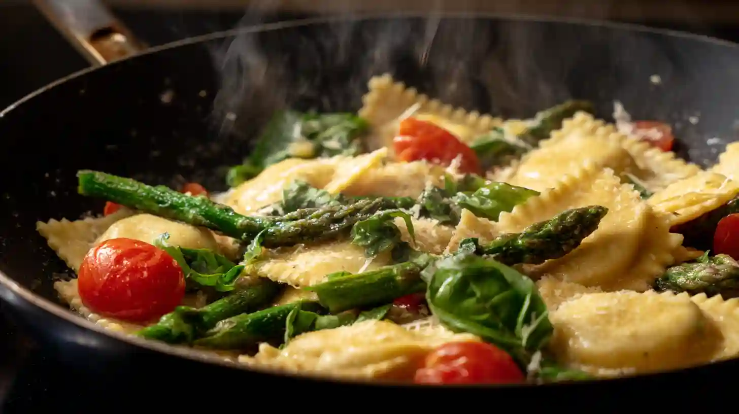 step4-toss-ravioli-tomatoes-asparagus-garlic-herbs Tossing ravioli with asparagus, tomatoes, basil, parsley, and parmesan for ravioli with tomatoes, asparagus, garlic, and herbs – quick ravioli recipes for families and asparagus and tomato pasta skillet