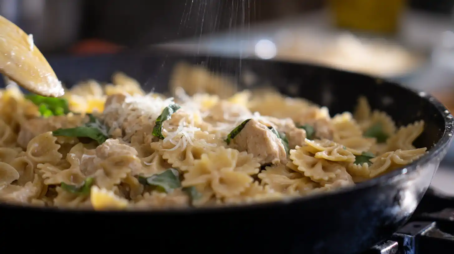 step4-tossing-pasta-marry-me-chicken Tossing creamy chicken pasta with parmesan and basil for Marry Me Chicken Pasta, easy dinner recipes for families and quick chicken dinner recipes