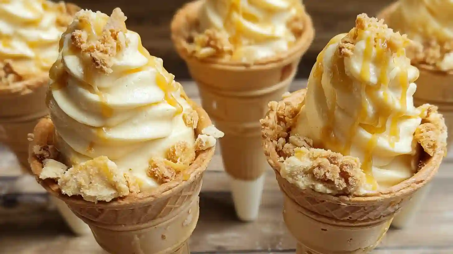 step5-add-toppings-banana-pudding-cheesecake-cones Adding cheesecake swirl, caramel drizzle, and crushed wafers to Easy Banana Pudding Cheesecake Cones Recipe, quick cheesecake desserts for parties and family-friendly dessert recipes with cream cheese