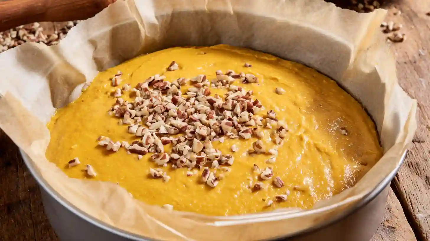 step5-bake-flourless-maple-pecan-pumpkin-yogurt-cake Pumpkin cake batter with pecans in parchment-lined pan for Flourless Maple Pecan Pumpkin Yogurt Cake, easy flourless cake recipe and healthy pumpkin dessert recipes